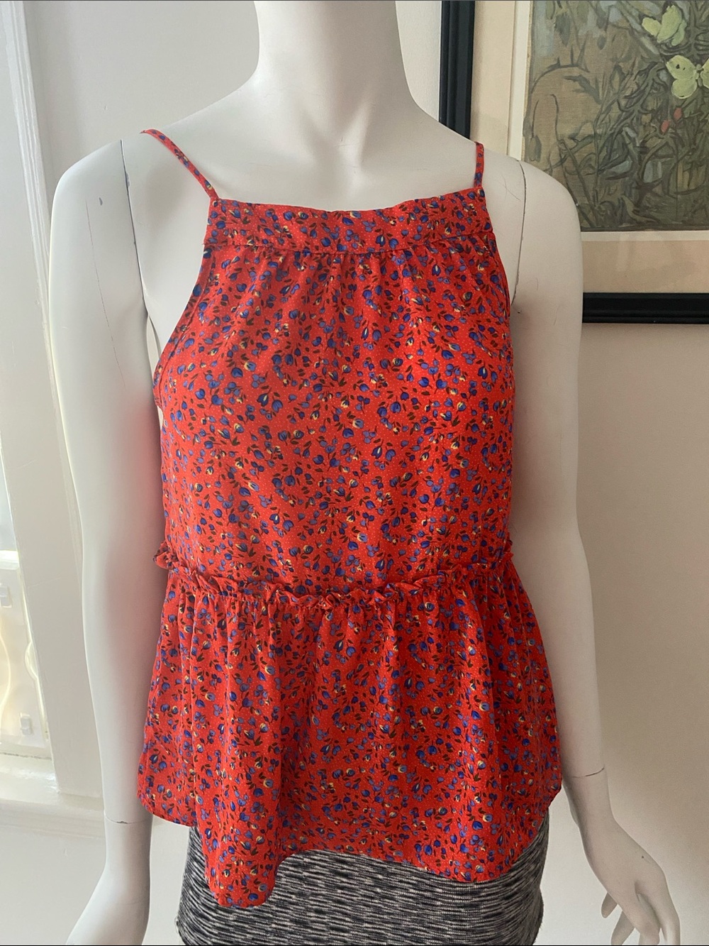 Red Floral Tie-Back Spaghetti Strap Peplum Top